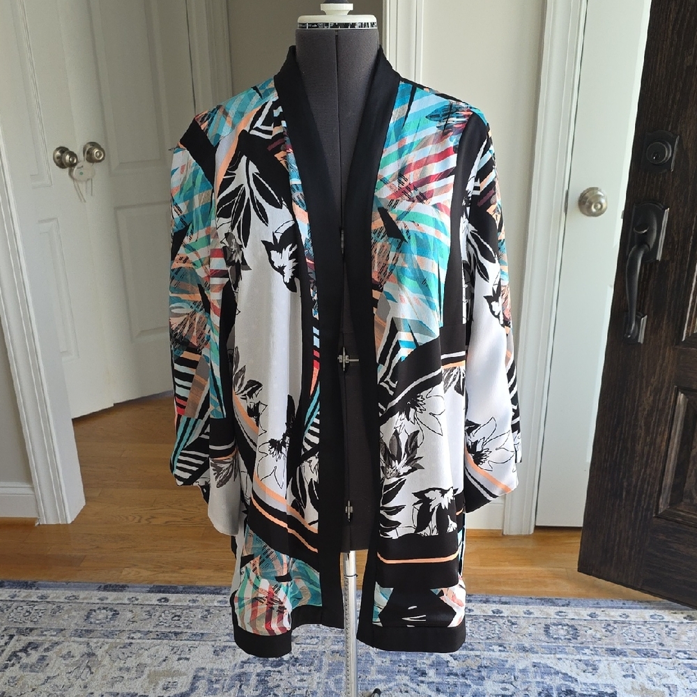 Chicos Floral/polka Dot Patterned Open Front Reversable Kimono Plus Size
